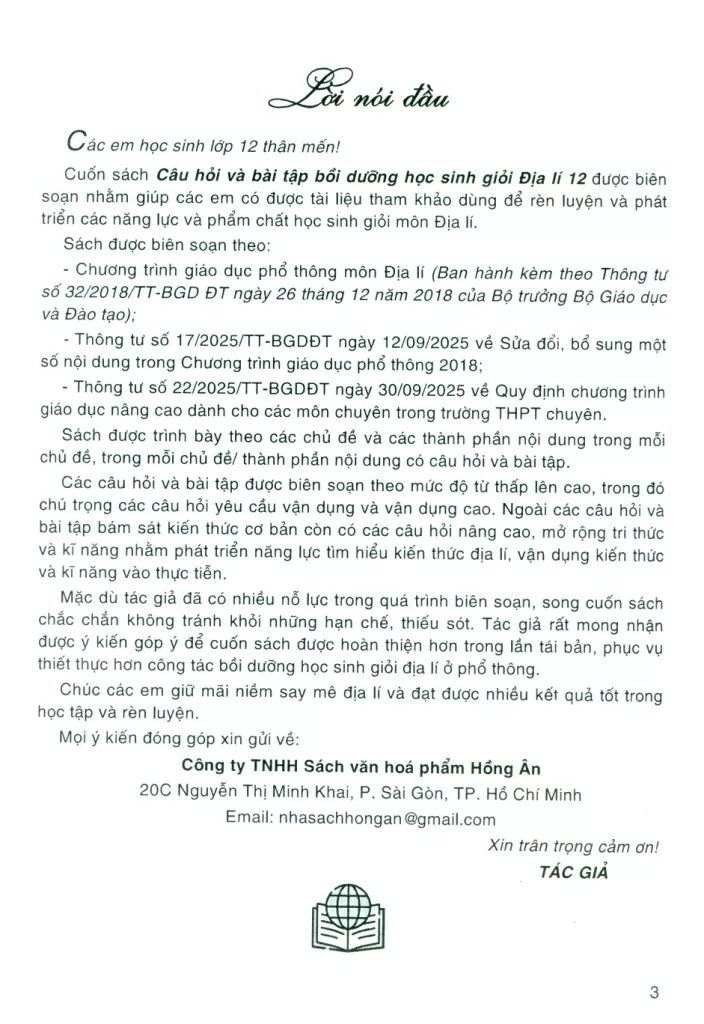 CÂU HỎI VÀ BÀI TẬP BỒI DƯỠNG HỌC SINH GIỎI ĐỊA LÍ LỚP 12 (Biên soạn theo chương trình GDPT mới) - Tái bản, cập nhật thông tin sau sát nhập...